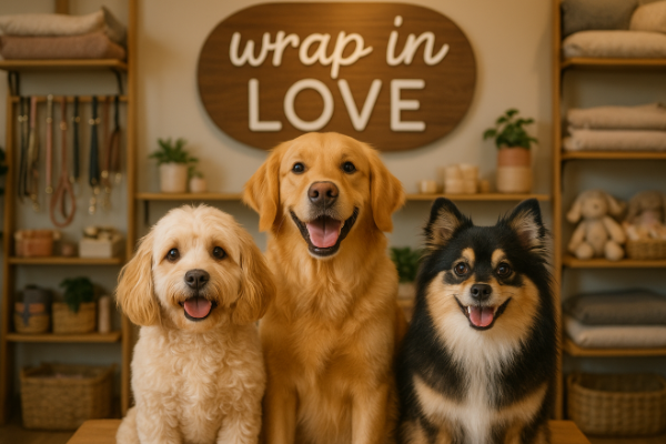 3 chien super mignon avec une affiche "wrap in love " pour une boutique de chien 